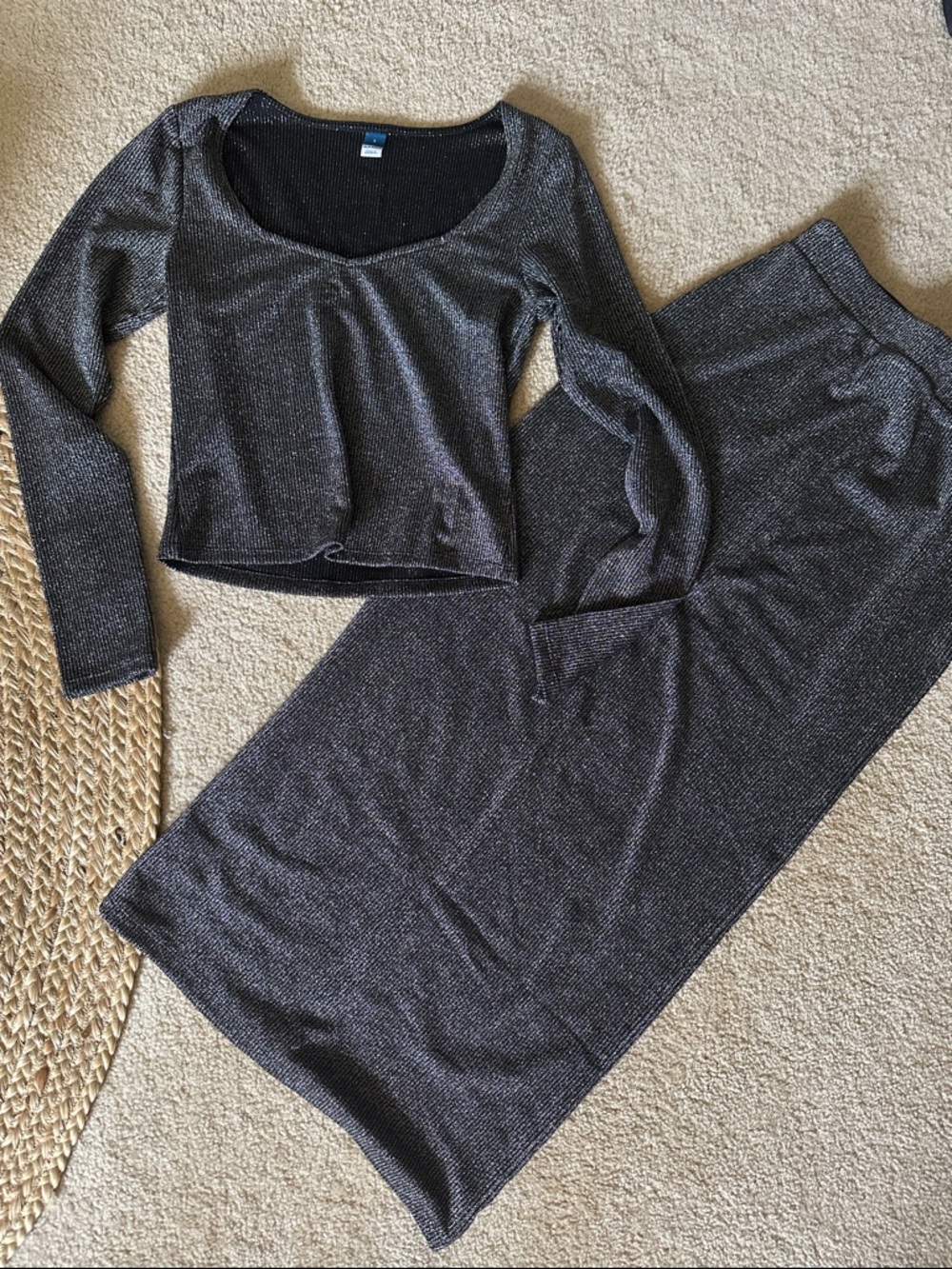 Women's Shimmer Knit Crop Top & Skirt Set - Black